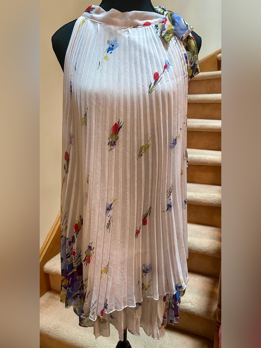 Pleated Floral Maxi Dress in White with Multicolor Floral Print, 1990s Vintage